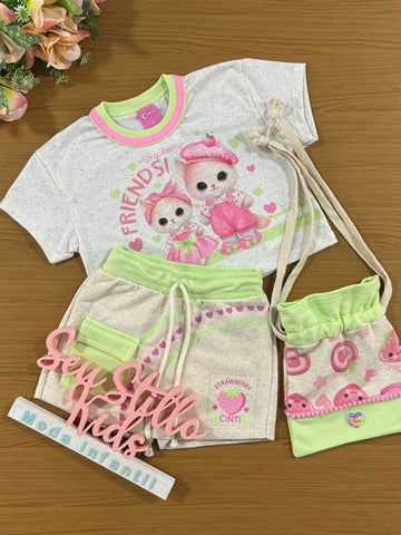 Conjunto Infantil Cinti Verão Shorts Saia e Blusa Verde Moranguinho com Bolsa