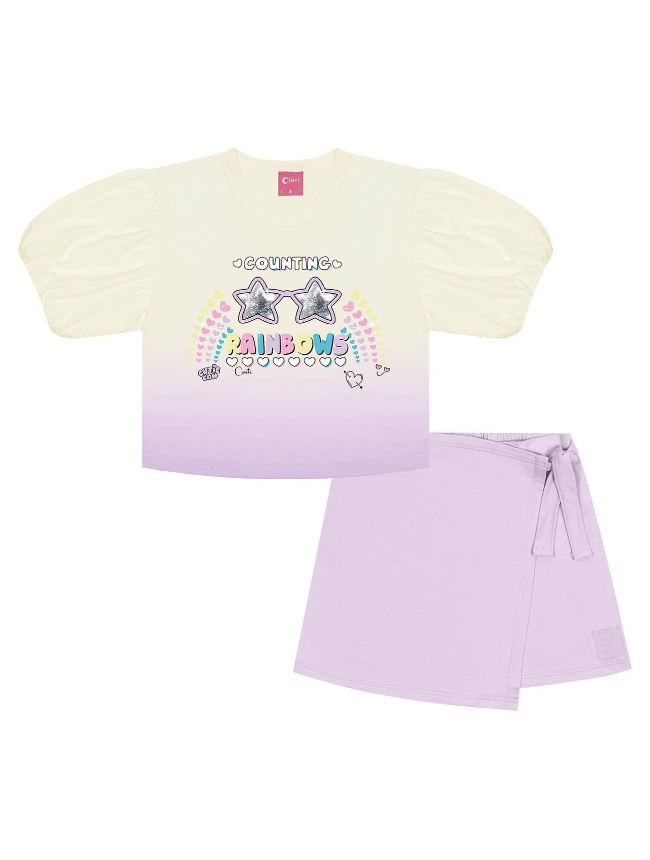 Conjunto Infantil Cinti Verão Shorts Saia Lilás e Blusa Estrela