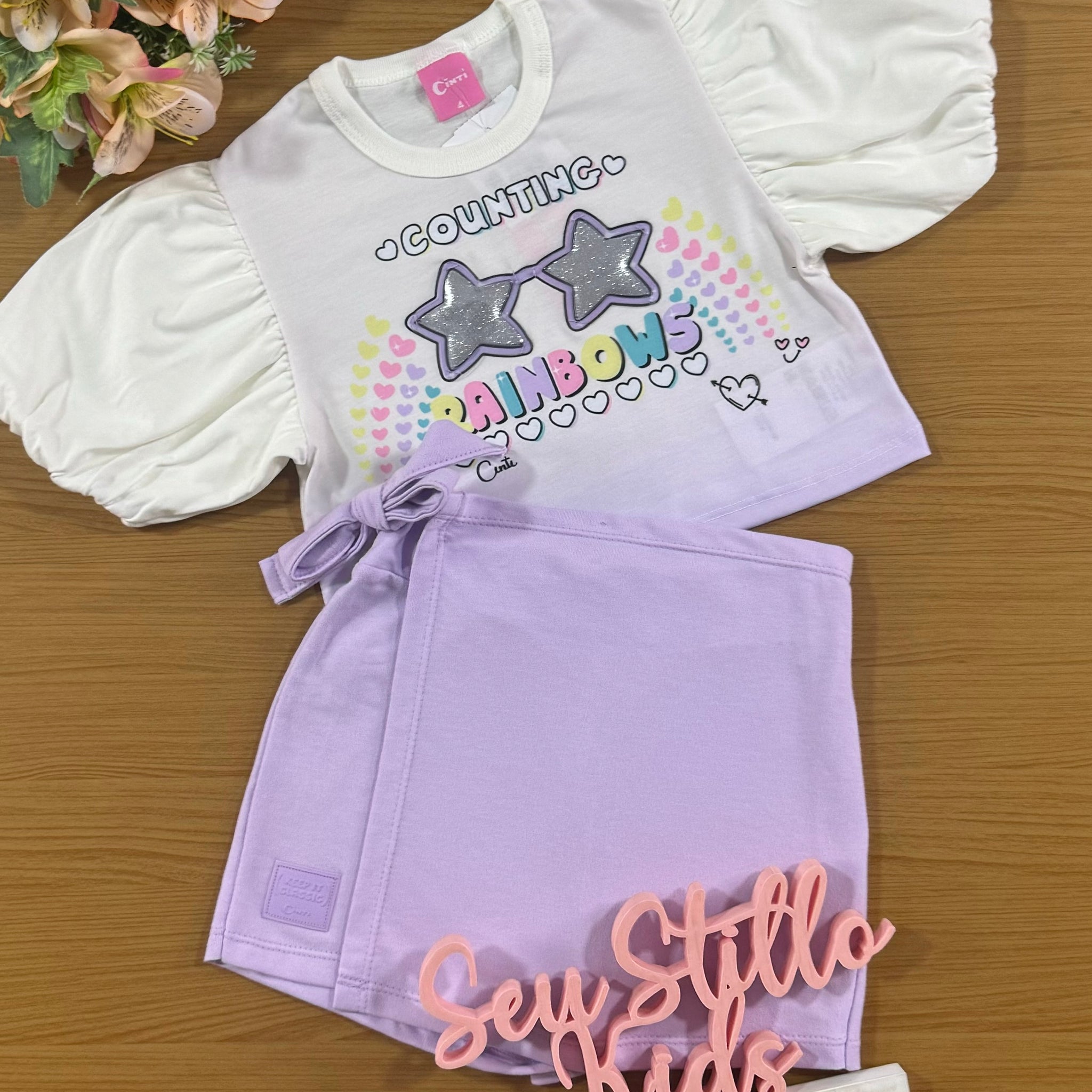 Conjunto Infantil Cinti Verão Shorts Saia Lilás e Blusa Estrela