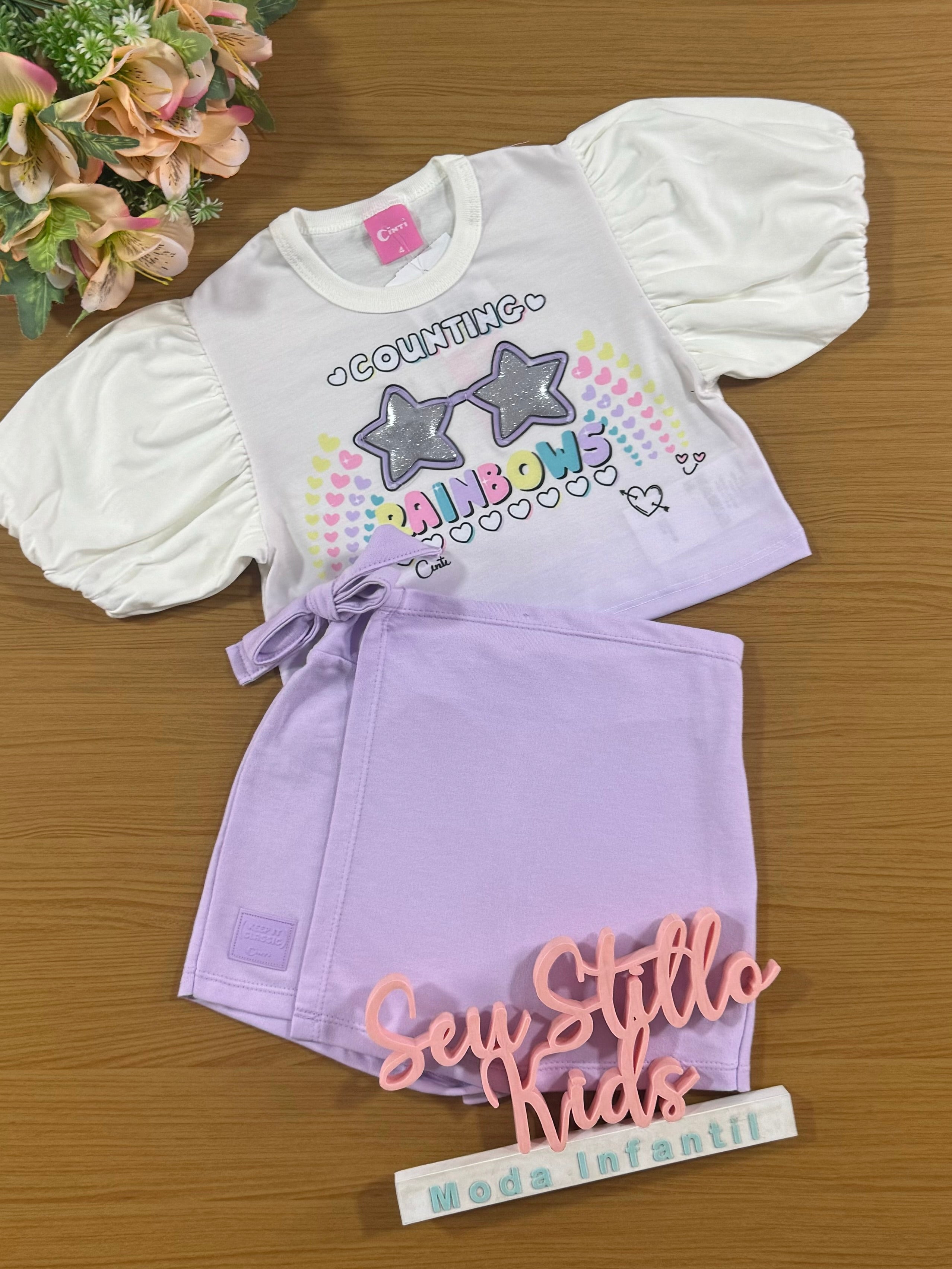 Conjunto Infantil Cinti Verão Shorts Saia Lilás e Blusa Estrela