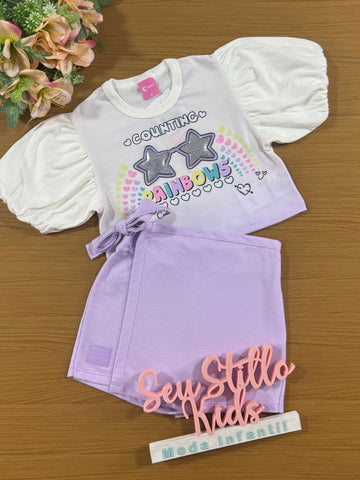 Conjunto Infantil Cinti Verão Shorts Saia Lilás e Blusa Estrela
