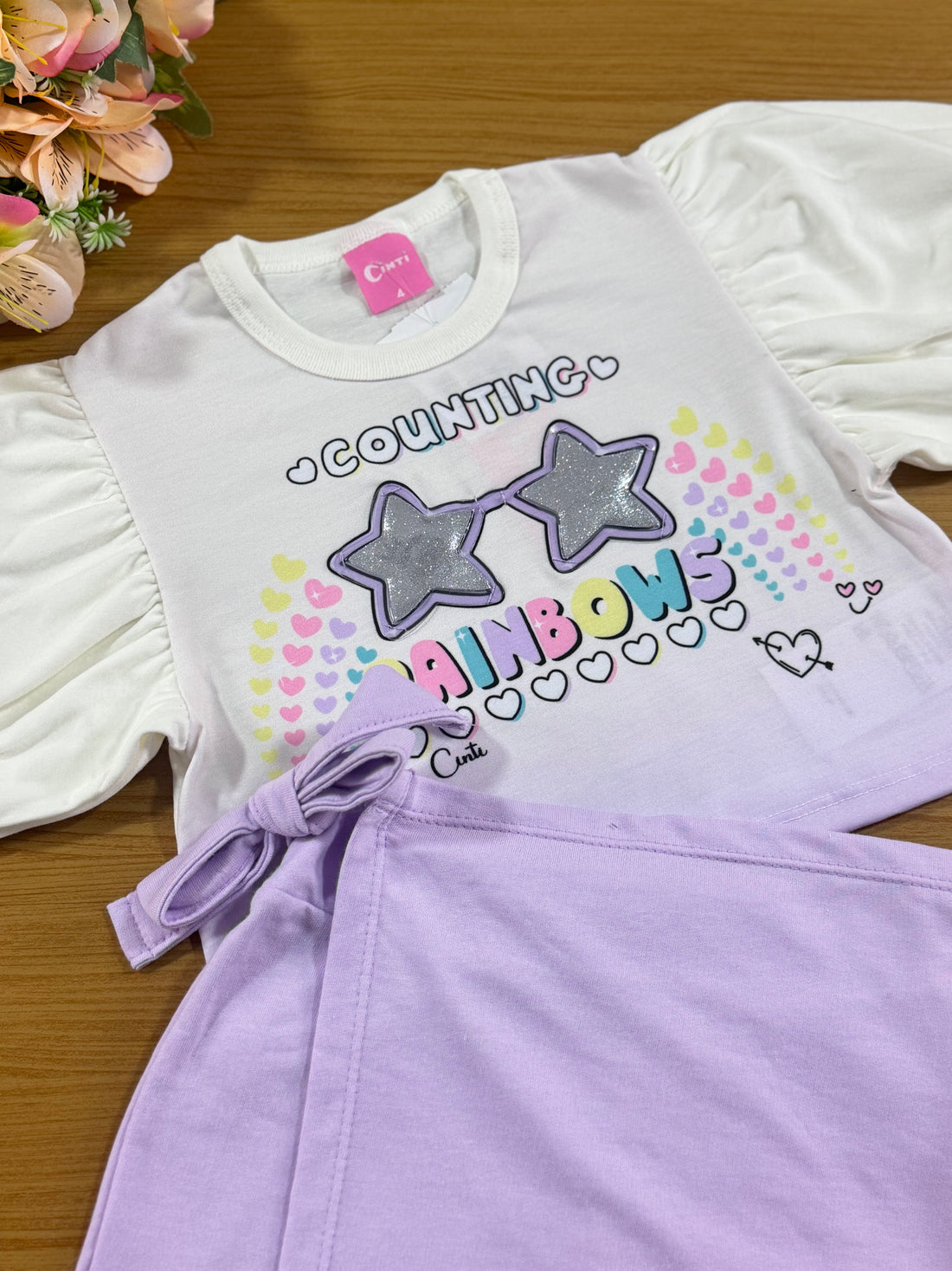 Conjunto Infantil Cinti Verão Shorts Saia Lilás e Blusa Estrela