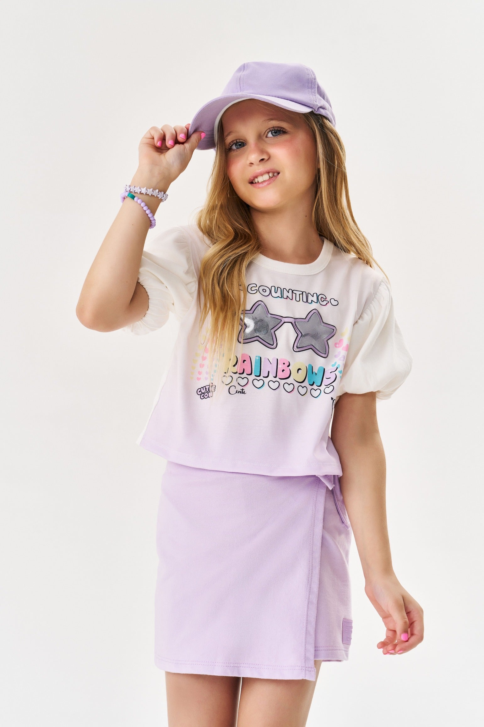 Conjunto Infantil Cinti Verão Shorts Saia Lilás e Blusa Estrela