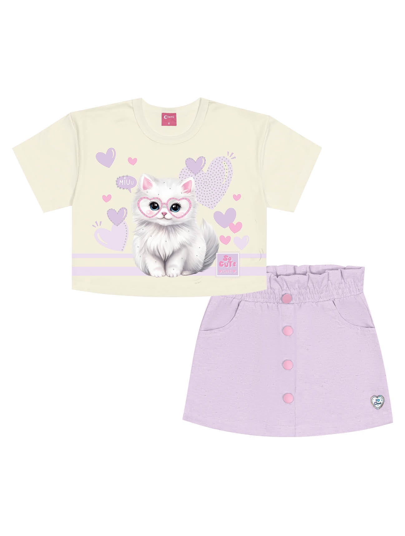 Conjunto Infantil Cinti Verão Shorts Saia Lilás e Blusa Gatinha