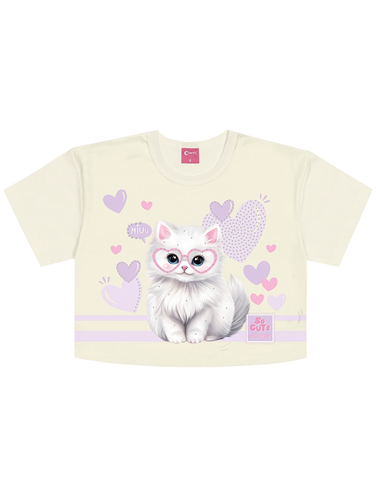 Conjunto Infantil Cinti Verão Shorts Saia Lilás e Blusa Gatinha