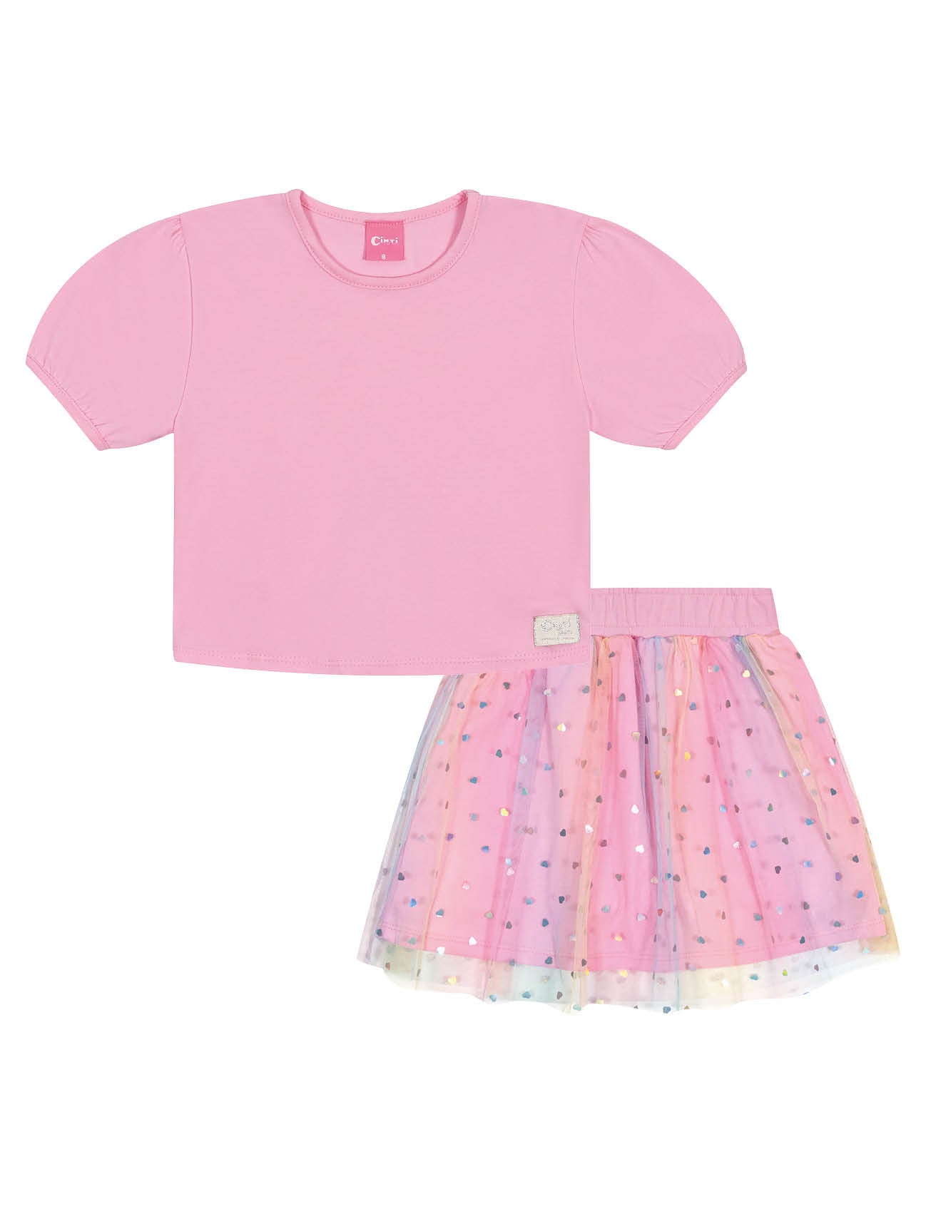 Conjunto Infantil Cinti Verão Saia Tule Arco Íris e Blusa Rosa
