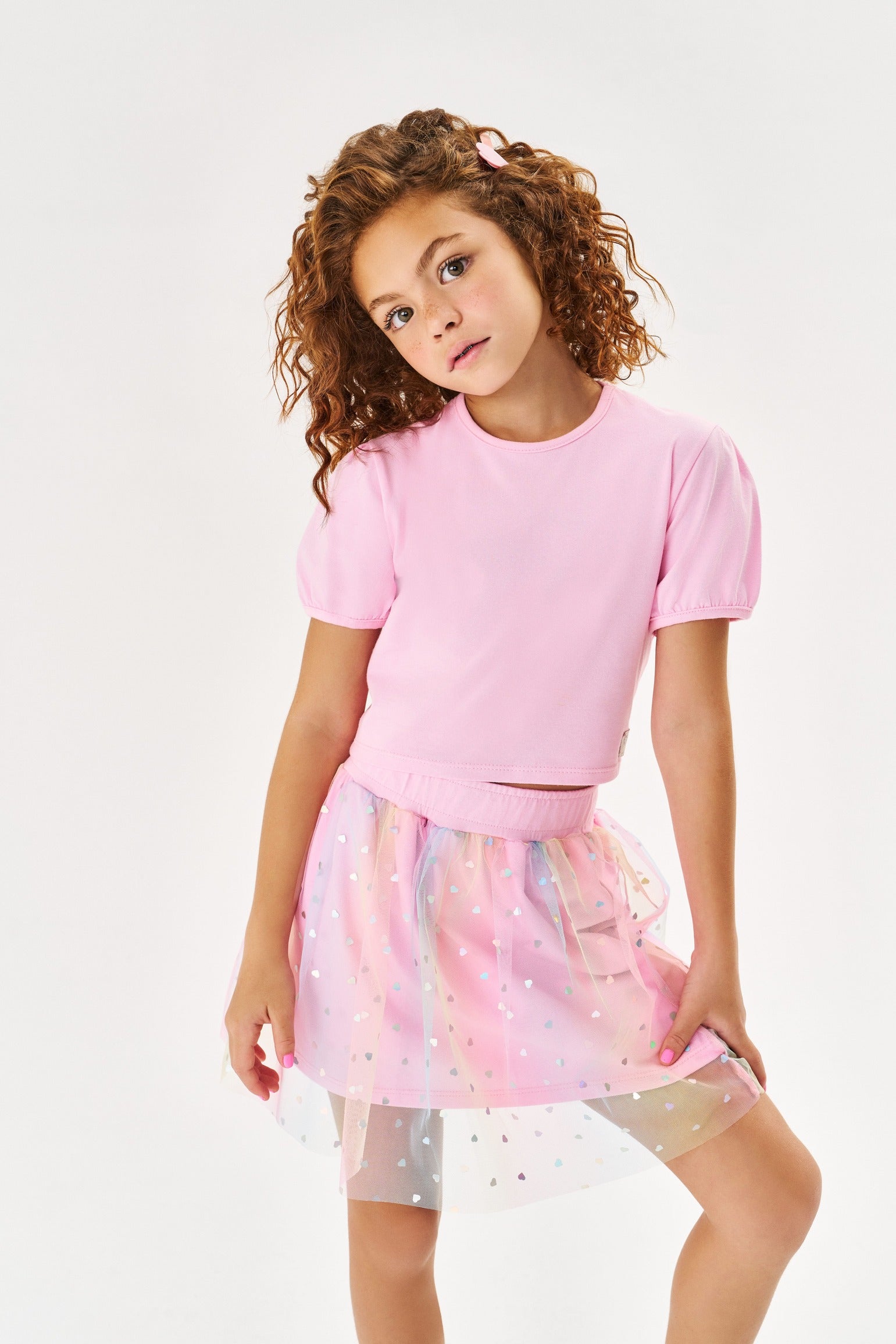 Conjunto Infantil Cinti Verão Saia Tule Arco Íris e Blusa Rosa