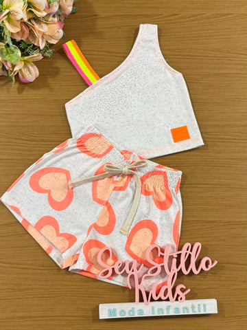 Conjunto Infantil Cinti Verão com Shorts Coração Laranja e Blusa