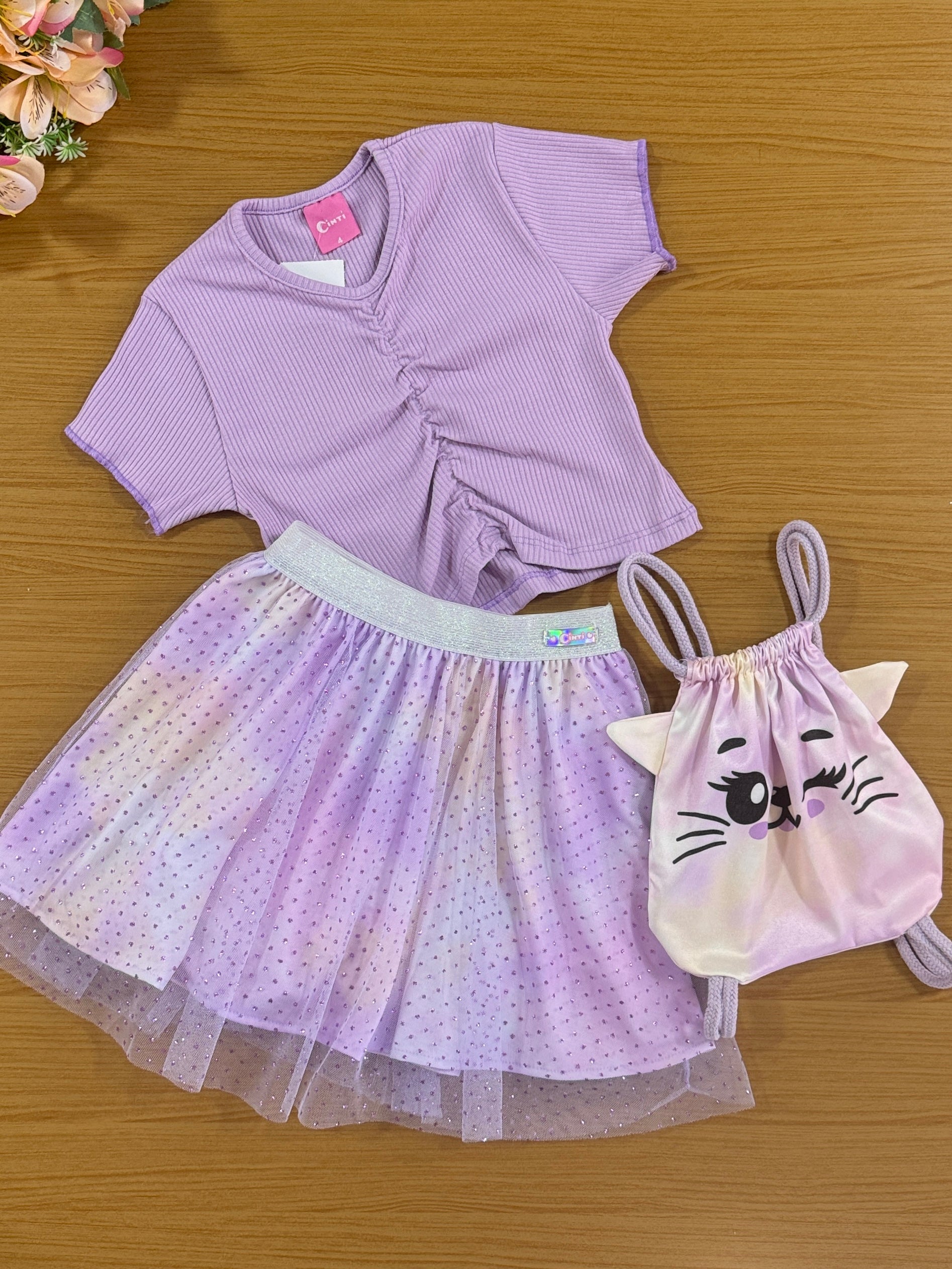 Conjunto Infantil Cinti Verão Saia Tule e Blusa Lilás com Bolsinha