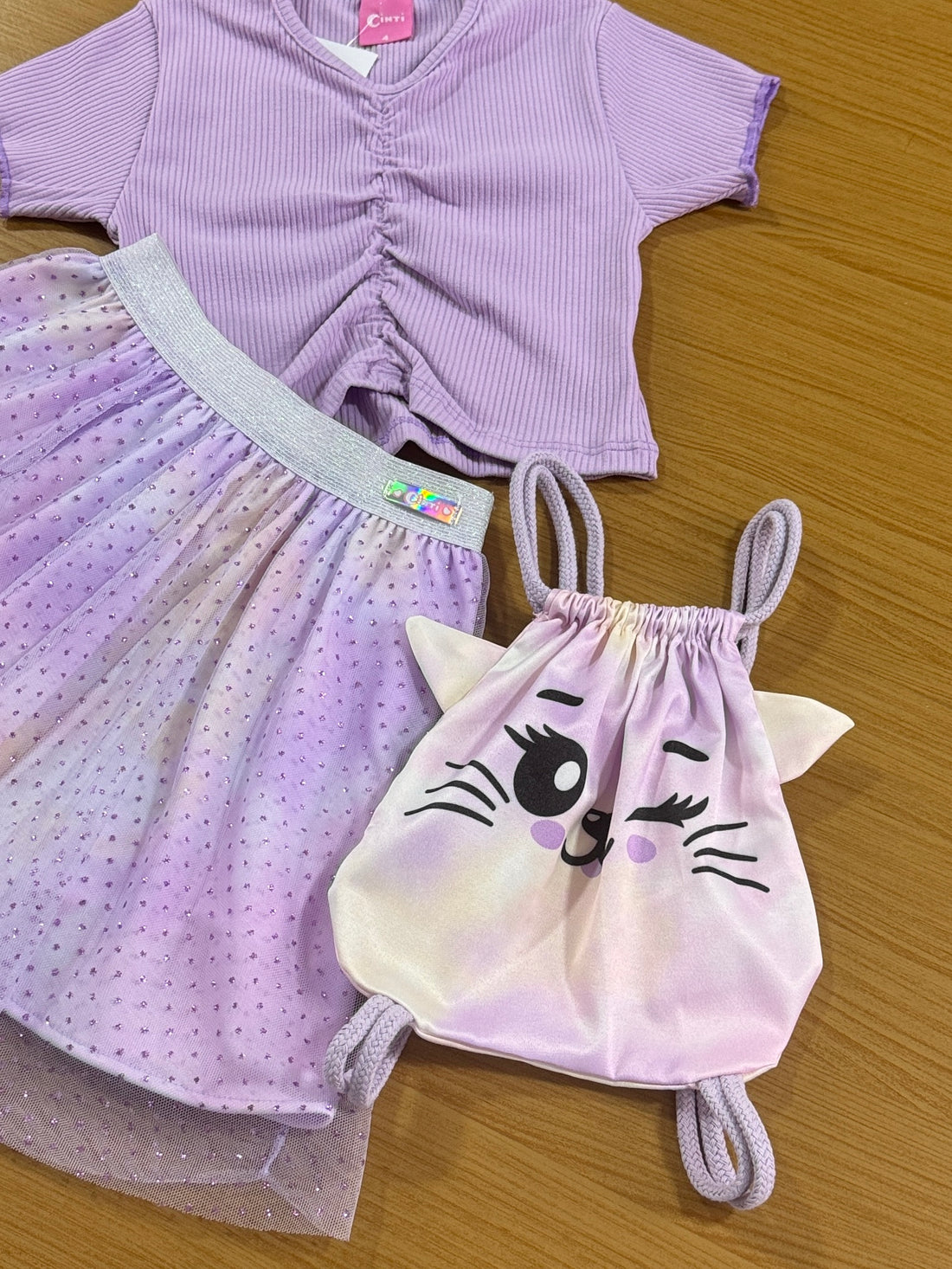 Conjunto Infantil Cinti Verão Saia Tule e Blusa Lilás com Bolsinha