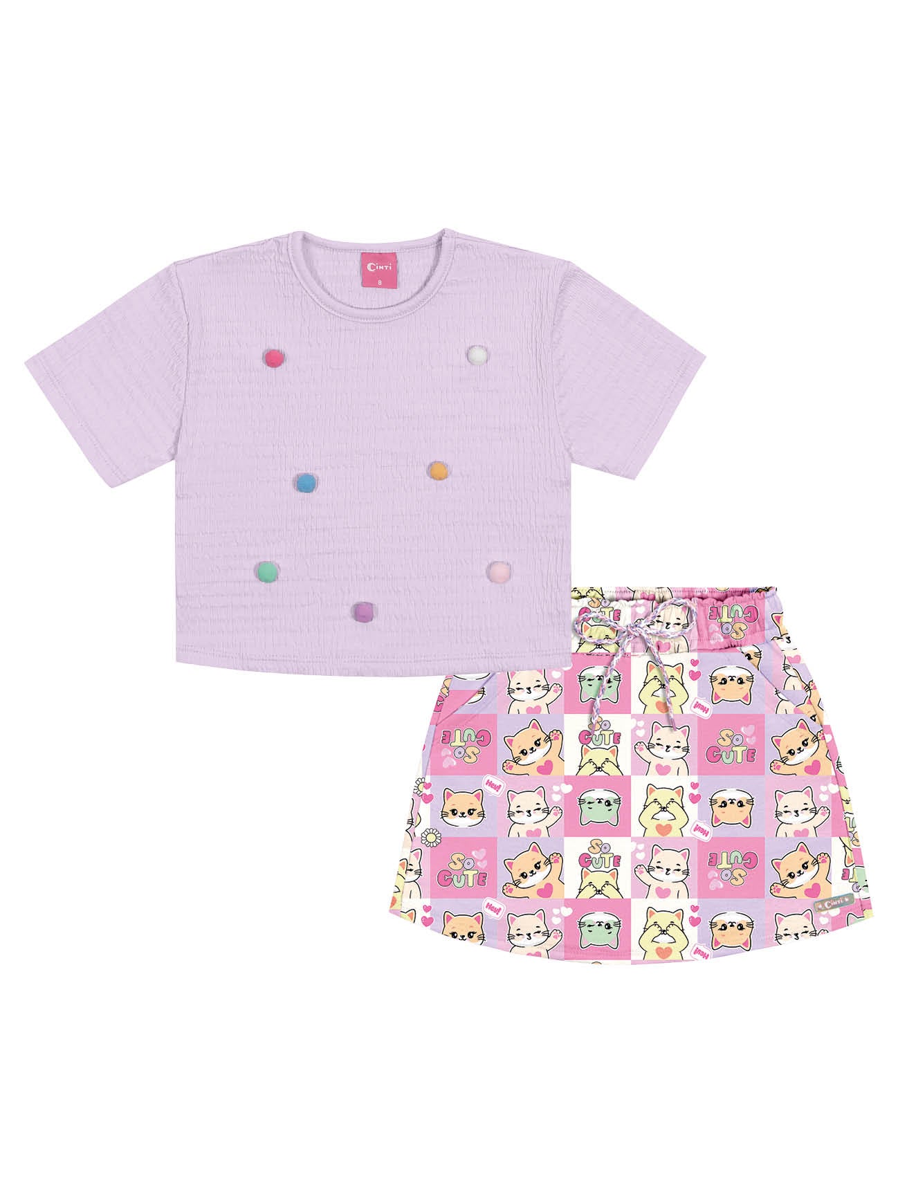 Conjunto Infantil Cinti Verão Shorts Saia e Blusa Lilás Cute