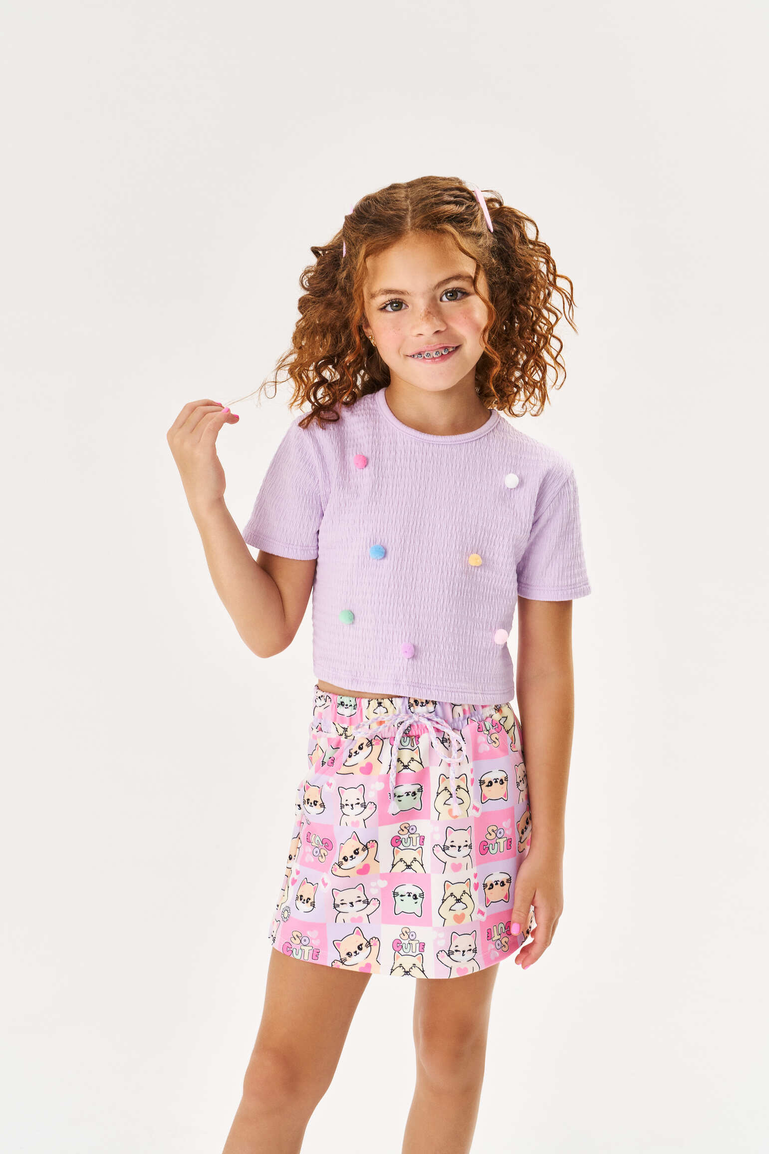 Conjunto Infantil Cinti Verão Shorts Saia e Blusa Lilás Cute