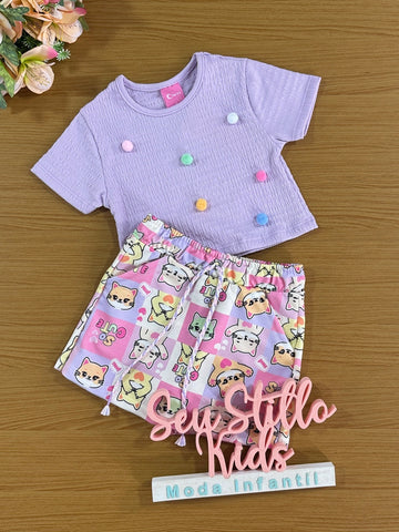 Conjunto Infantil Cinti Verão Shorts Saia e Blusa Lilás Cute
