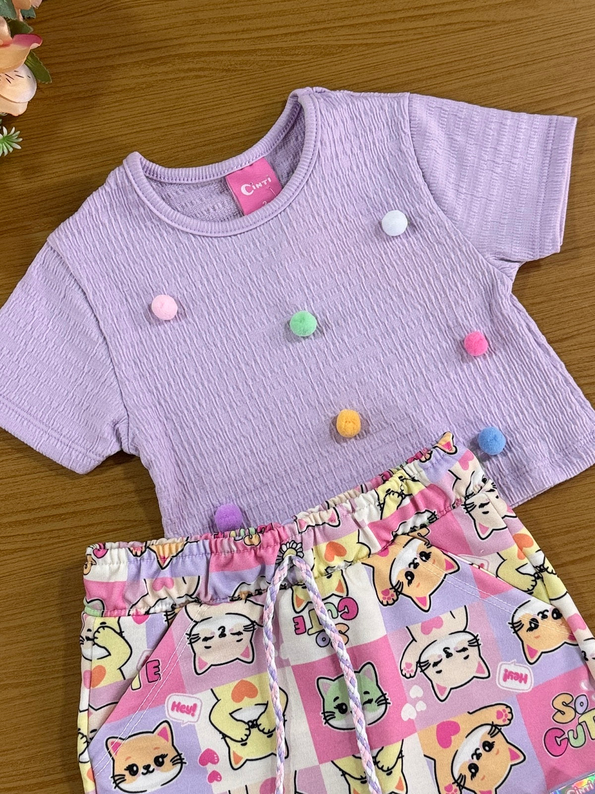 Conjunto Infantil Cinti Verão Shorts Saia e Blusa Lilás Cute