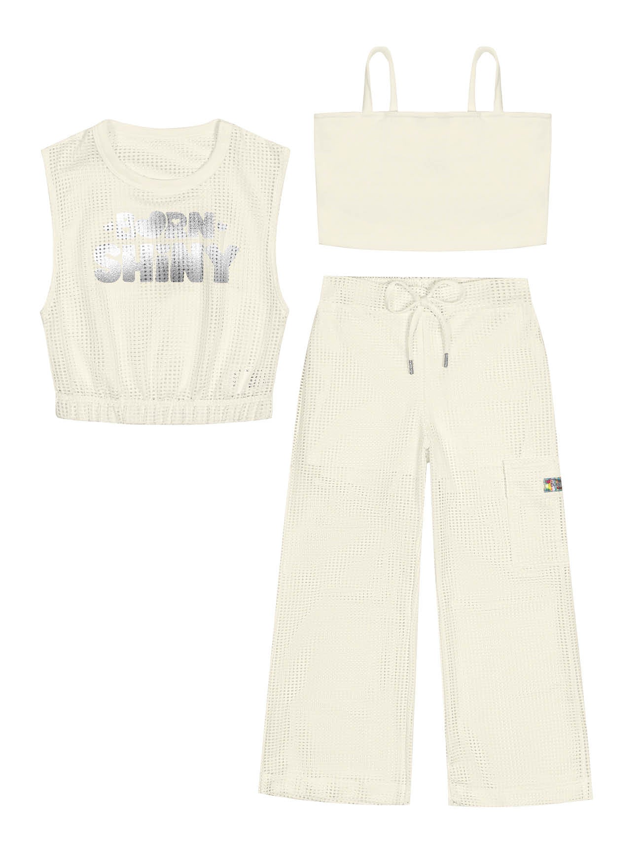 Conjunto Infantil Cinti Verão Calça, Top e Blusa Off White Telada