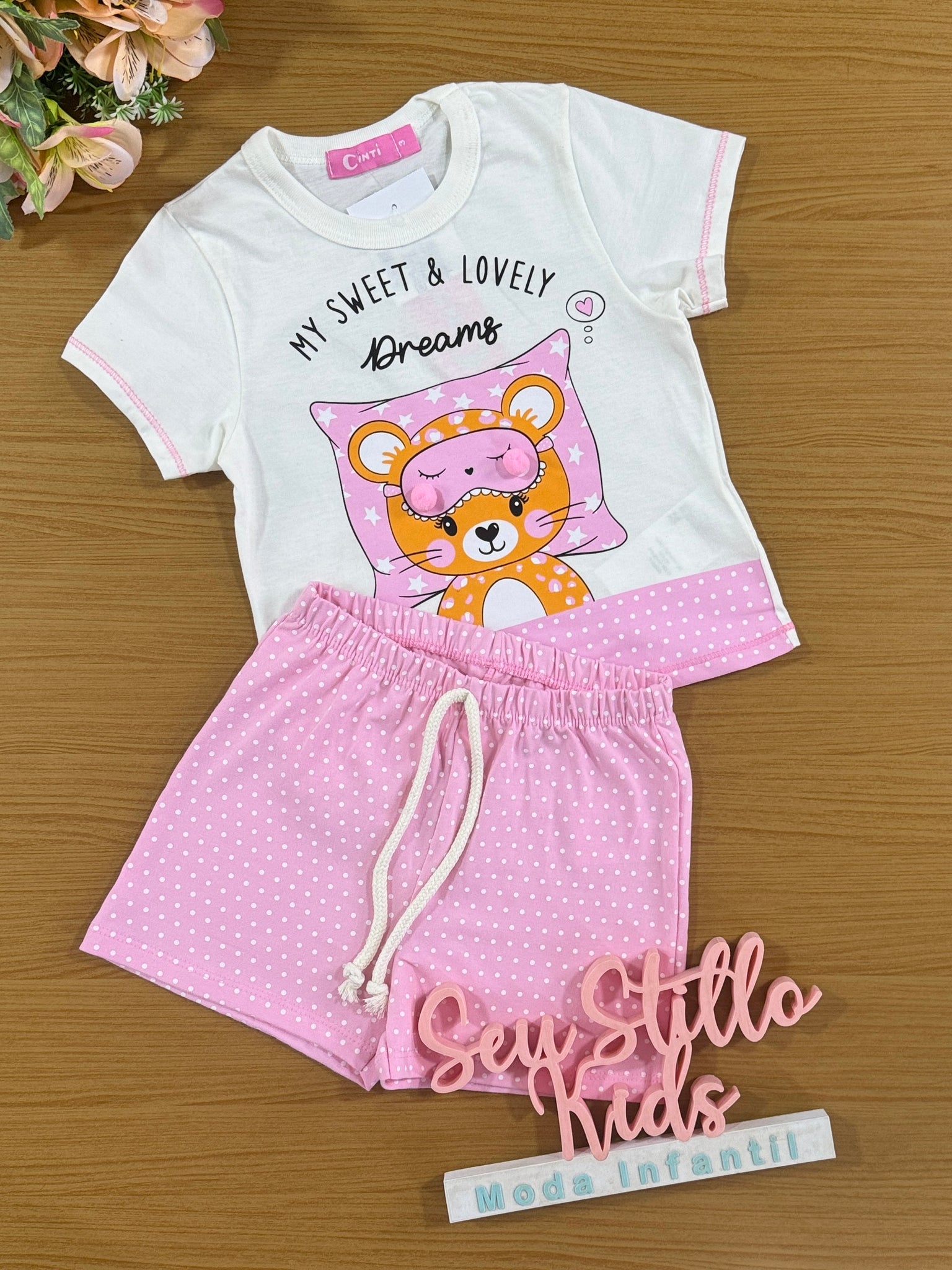 Pijama Infantil Cinti Verão Shorts e Blusa Oncinha
