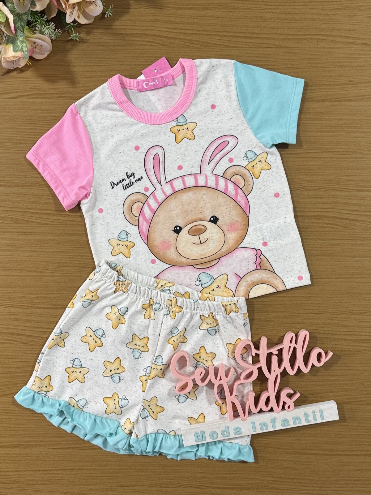 Pijama Infantil Cinti Verão Shorts e Blusa Ursinha Rosa