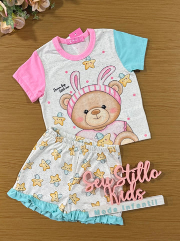 Pijama Infantil Cinti Verão Shorts e Blusa Ursinha Rosa