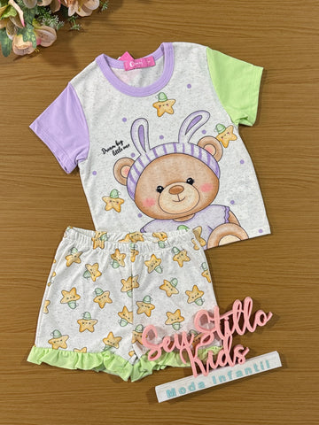 Pijama Infantil Cinti Verão Shorts e Blusa Ursinha Lilás