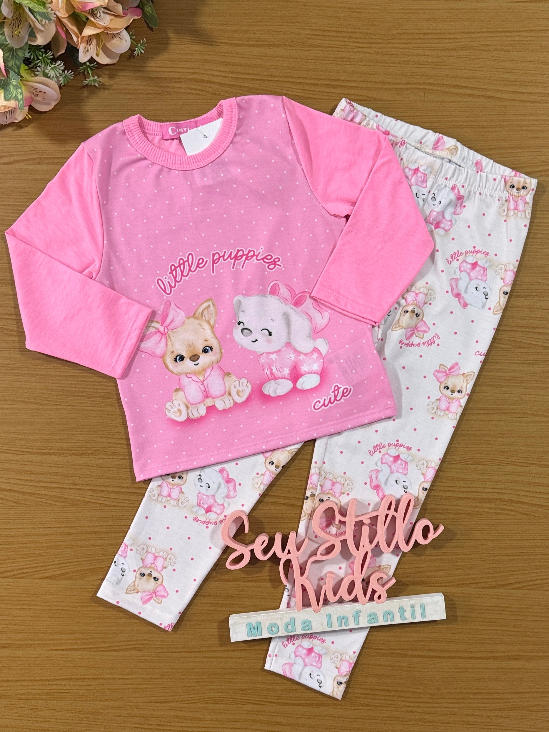 Pijama Infantil Cinti Verão Calça e Blusa Rosa Cachorrinhas