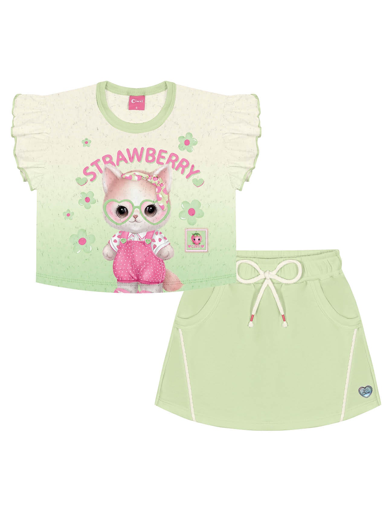 Conjunto Infantil Cinti Verão Shorts Saia Verde e Blusa Moranguinho