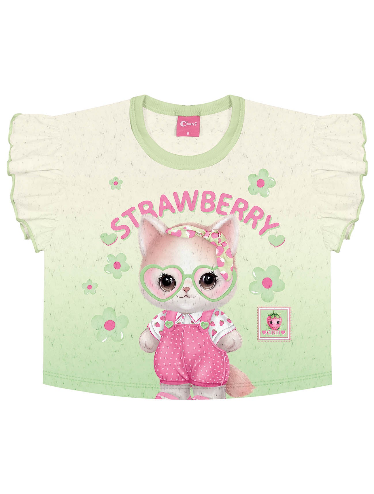 Conjunto Infantil Cinti Verão Shorts Saia Verde e Blusa Moranguinho