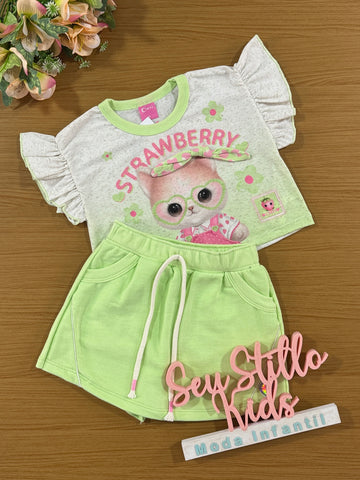 Conjunto Infantil Cinti Verão Shorts Saia Verde e Blusa Moranguinho