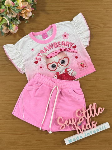 Conjunto Infantil Cinti Verão Shorts Saia Rosa e Blusa Moranguinho