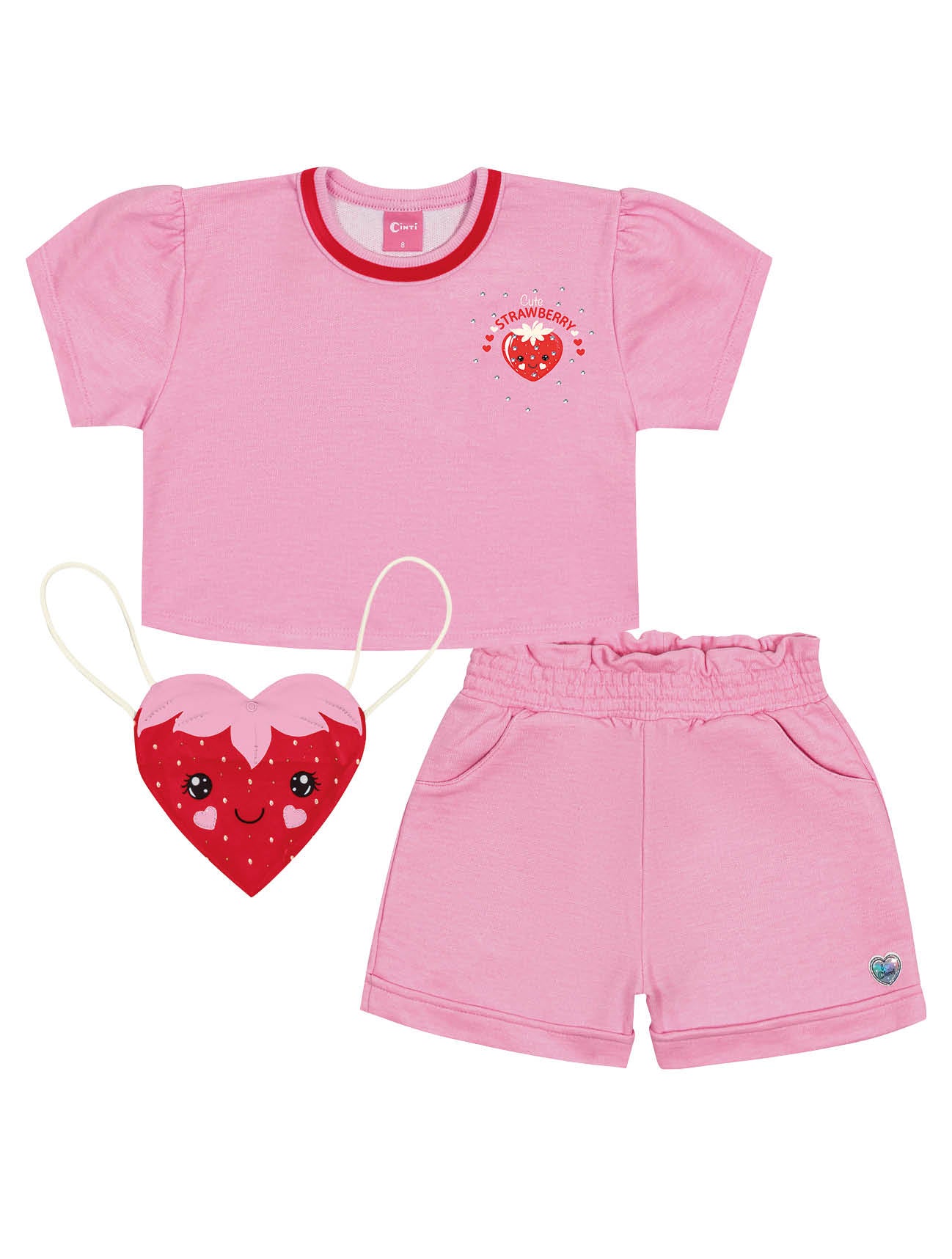 Conjunto Infantil Cinti Shorts e Blusa Rosa com Bolsa Moranguinho