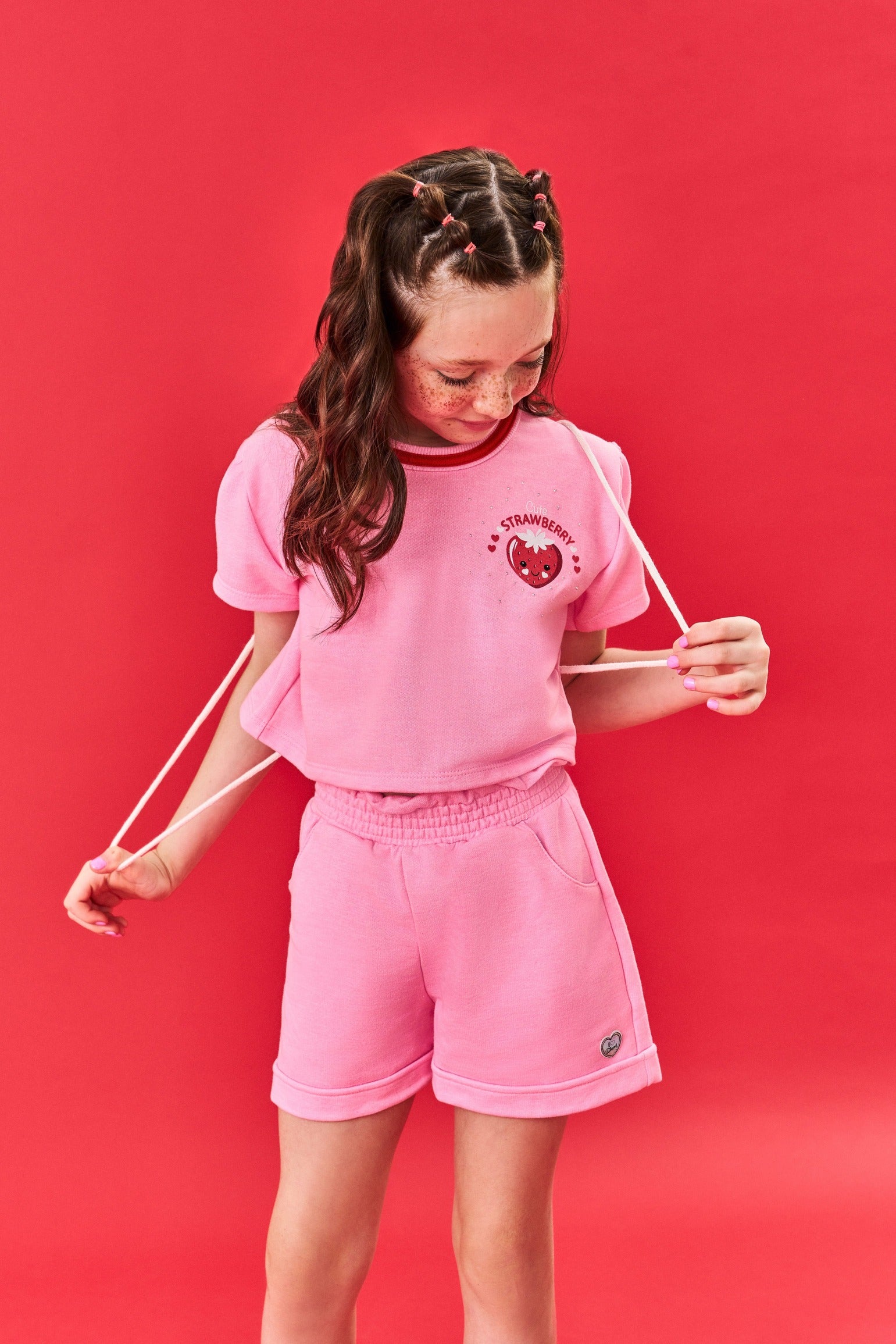 Conjunto Infantil Cinti Shorts e Blusa Rosa com Bolsa Moranguinho