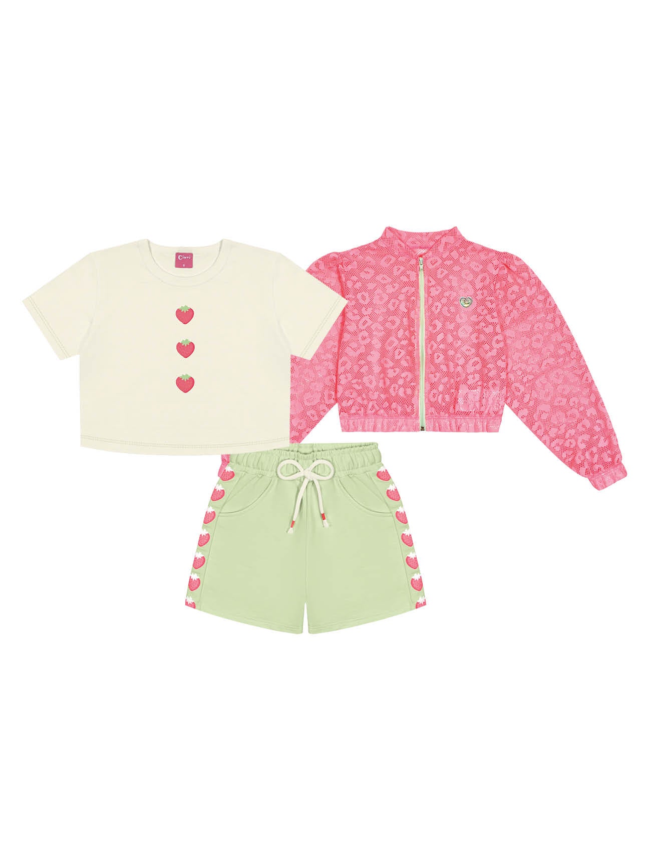 Conjunto Infantil Cinti Verão Jaqueta, Shorts Verde e Blusa Moranguinho