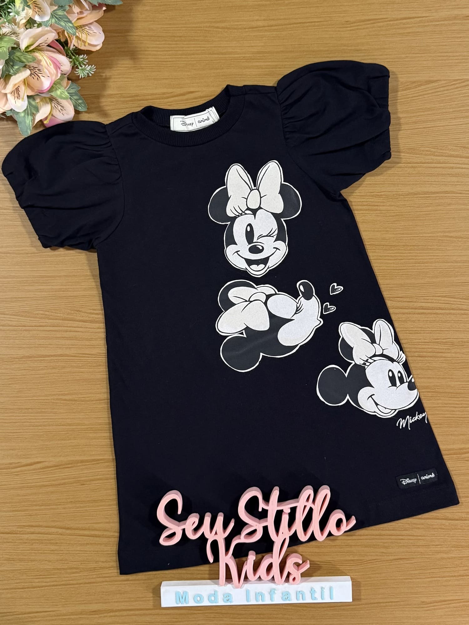 Vestido Infantil Animê Inverno Manga Curta Preto Minnie e Mickey Disney