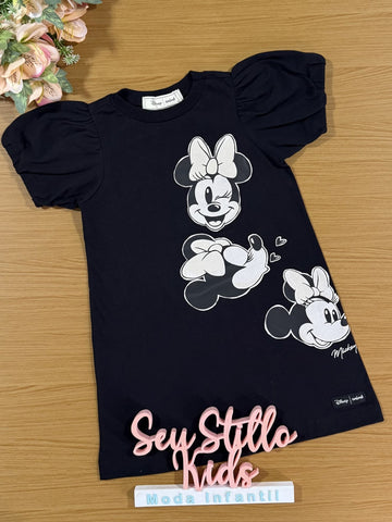 Vestido Infantil Animê Inverno Manga Curta Preto Minnie e Mickey Disney