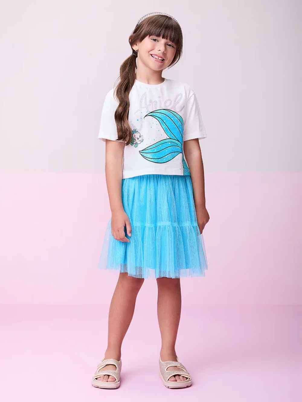 Conjunto Infantil Momi Verão Saia Tule e Blusa Pequena Sereia Azul