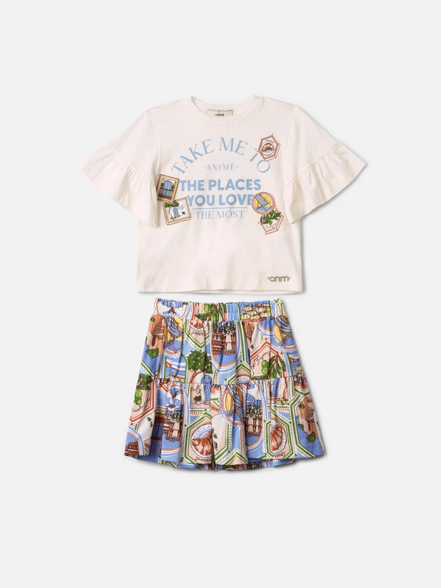 Conjunto Infantil Menina Animê com Saia Estampada e Blusa Branca The Places you Love