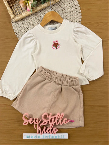 Conjunto Infantil Bimbi Inverno com Shorts Saia e Blusa Manga Longa Bege Raposinha