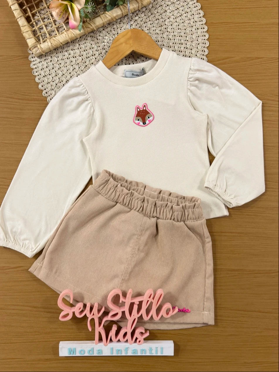 Conjunto Infantil Bimbi Inverno com Shorts Saia e Blusa Manga Longa Bege Raposinha