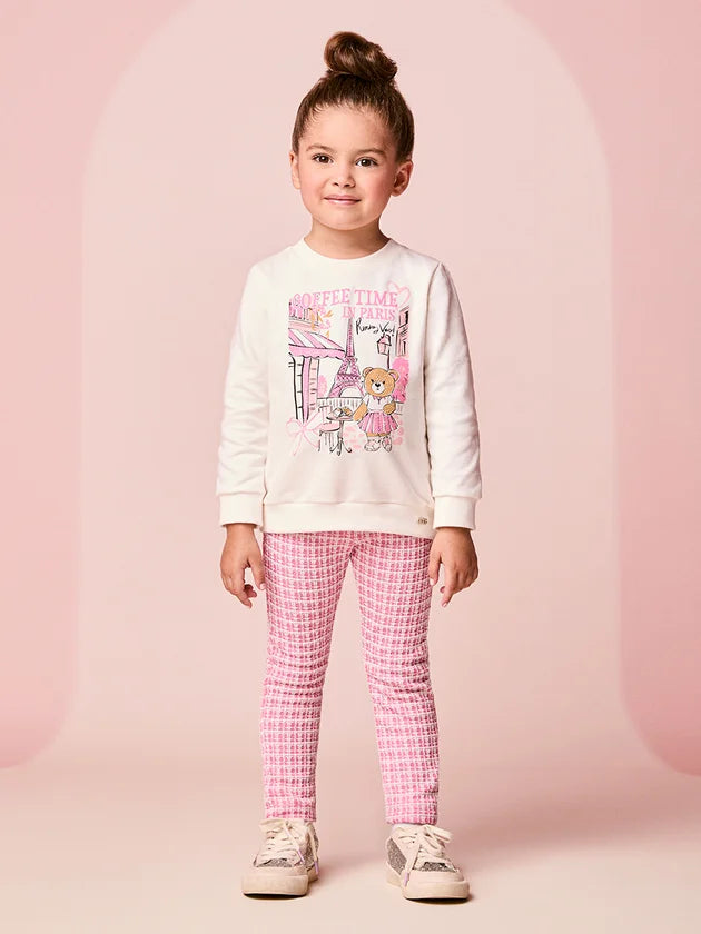 Conjunto Infantil Momi Inverno com Calça Legging Rosa e Moletom sem Flanela Ursinha em Paris
