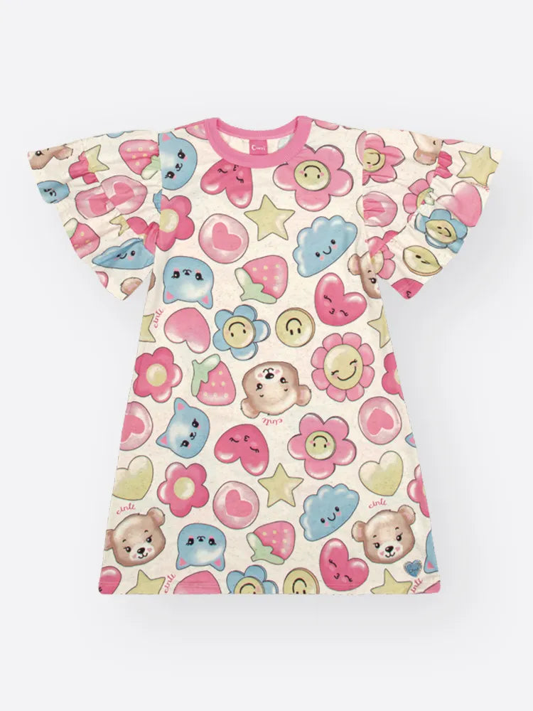 Vestido Infantil Cinti Inverno Manga Curta Ursinha Happy