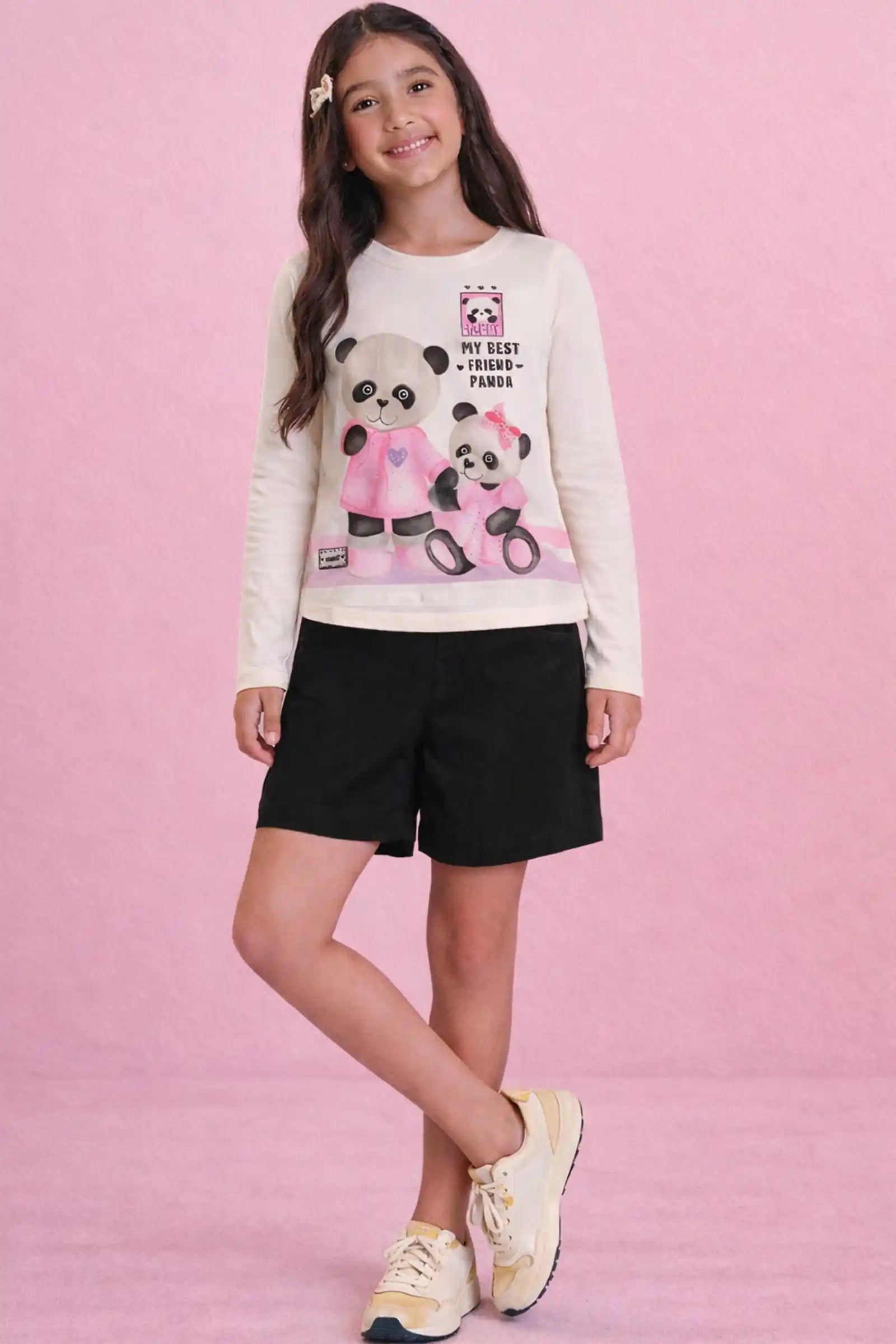 Conjunto Infantil Kukiê com Shorts Saia Preto e Blusa Manga Longa Pandinha