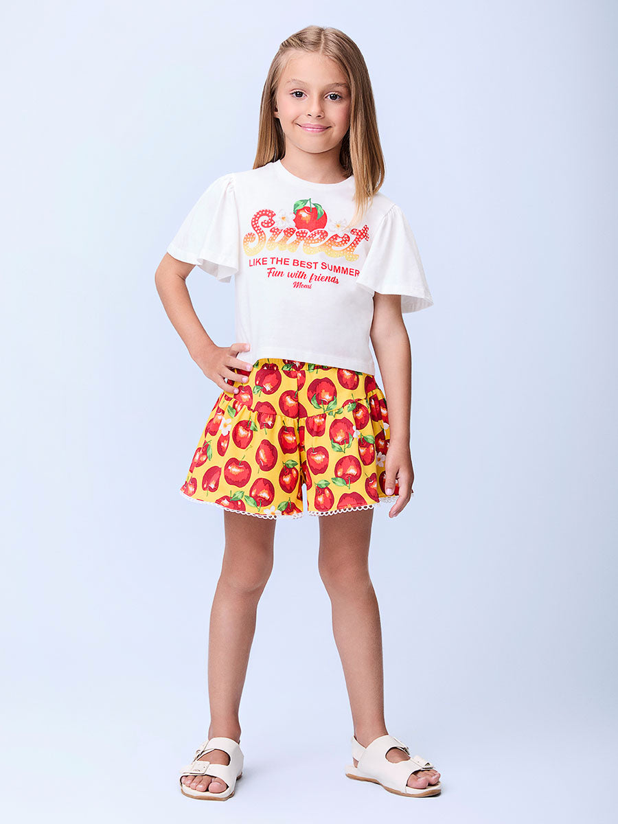 Conjunto Infantil Momi Verão Shorts Amarelo e Blusa Maçãzinha