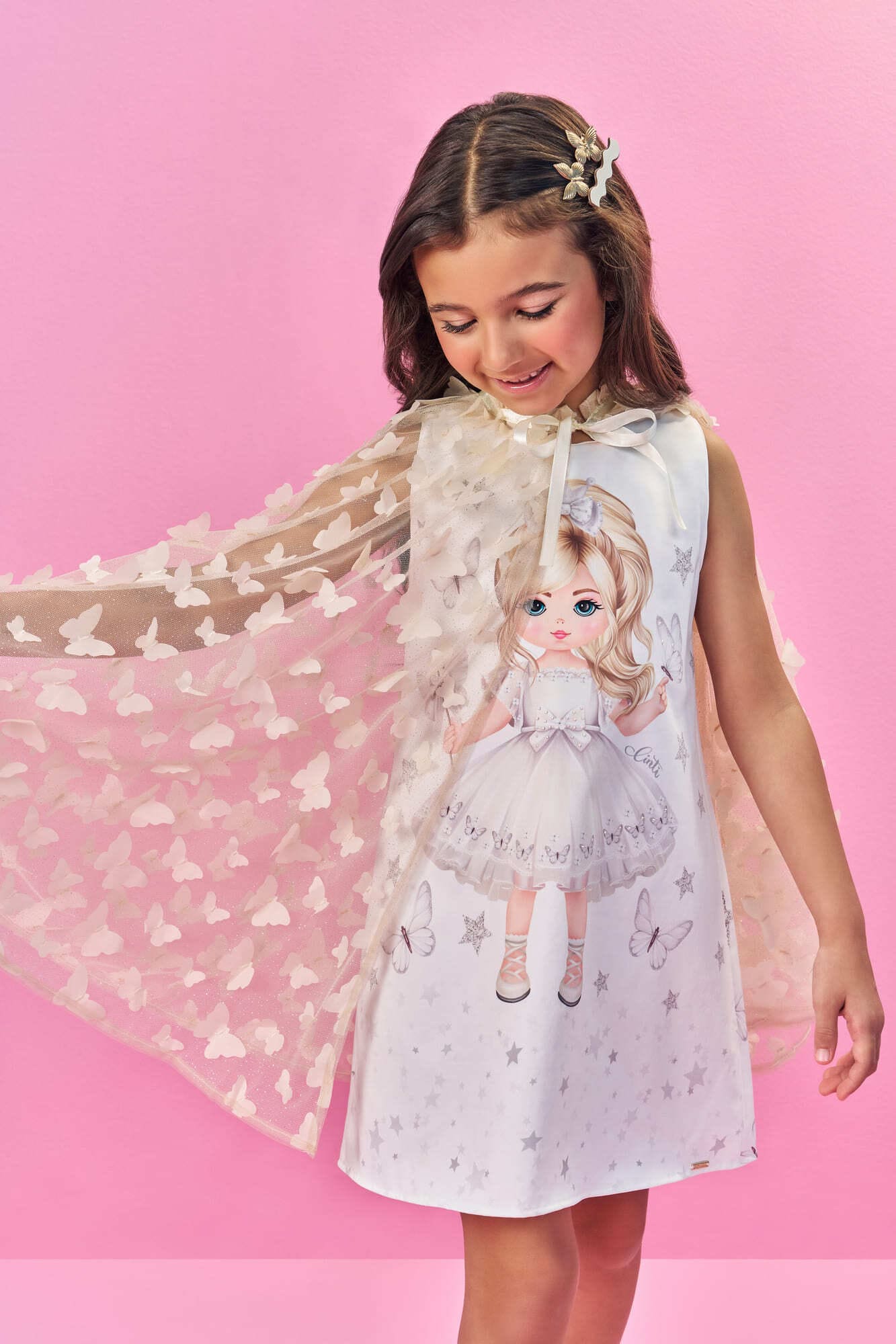 Vestido Infantil Cinti Verão Branco Princesinha com Sobreposição em Tule Borboletas