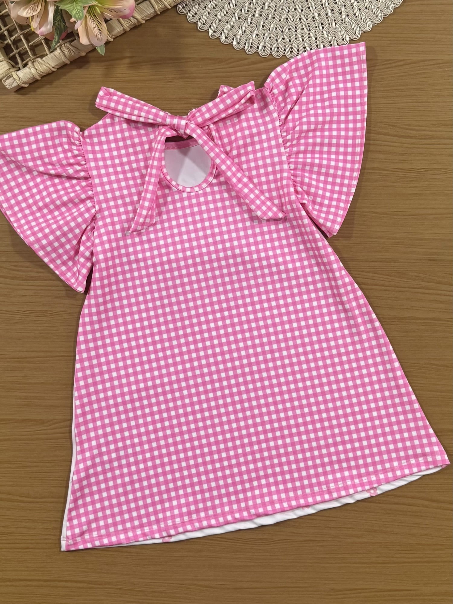 Vestido Infantil Cinti Verão Manga Curta Rosa Xadrez Ursinha Floral