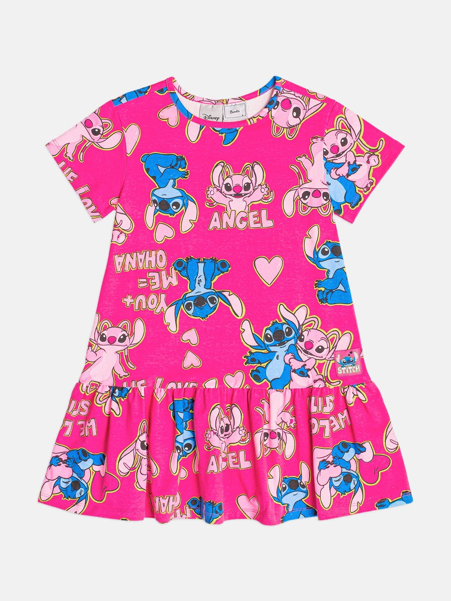 Vestido Infantil Bimbi Inverno Rosa Stitch e Angel Estampado Disney