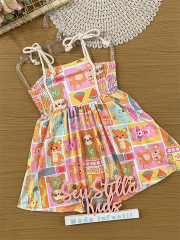 Vestido Infantil Kukiê Verão Colorido Animais