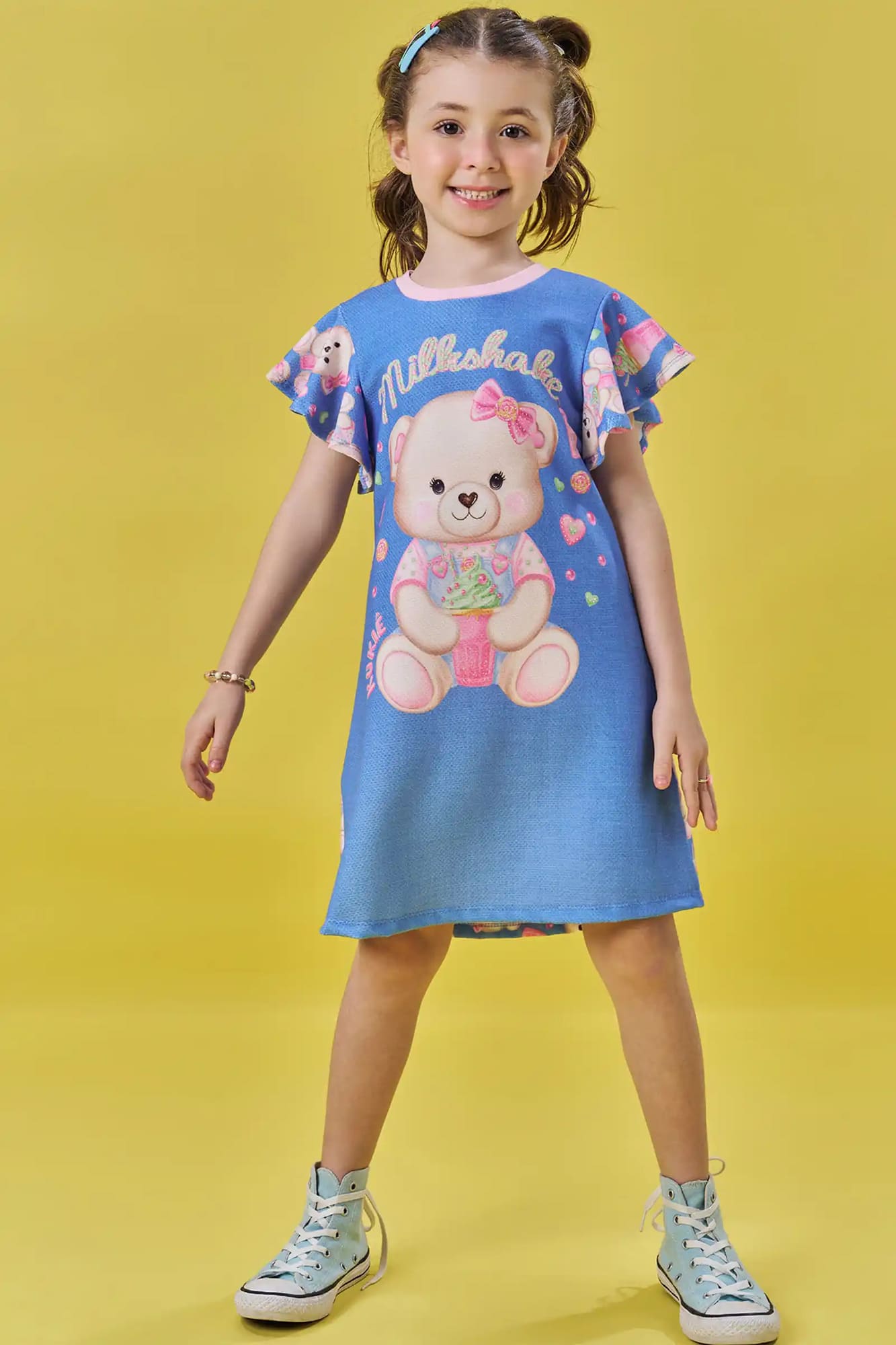 Vestido Infantil Kukiê Verão Azul Ursinha com Strass