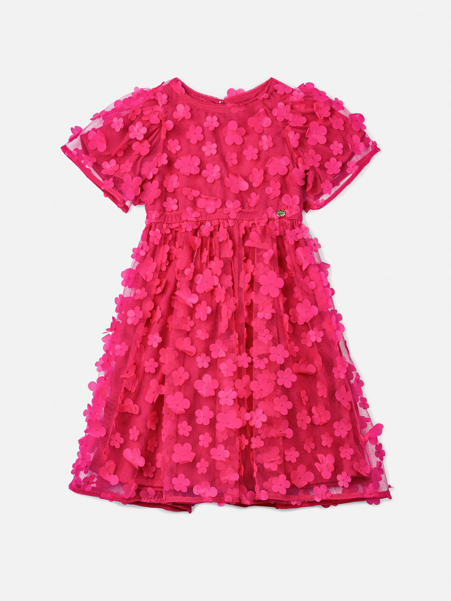 Vestido Infantil Animê Verão Tule Rosa Flores 3D