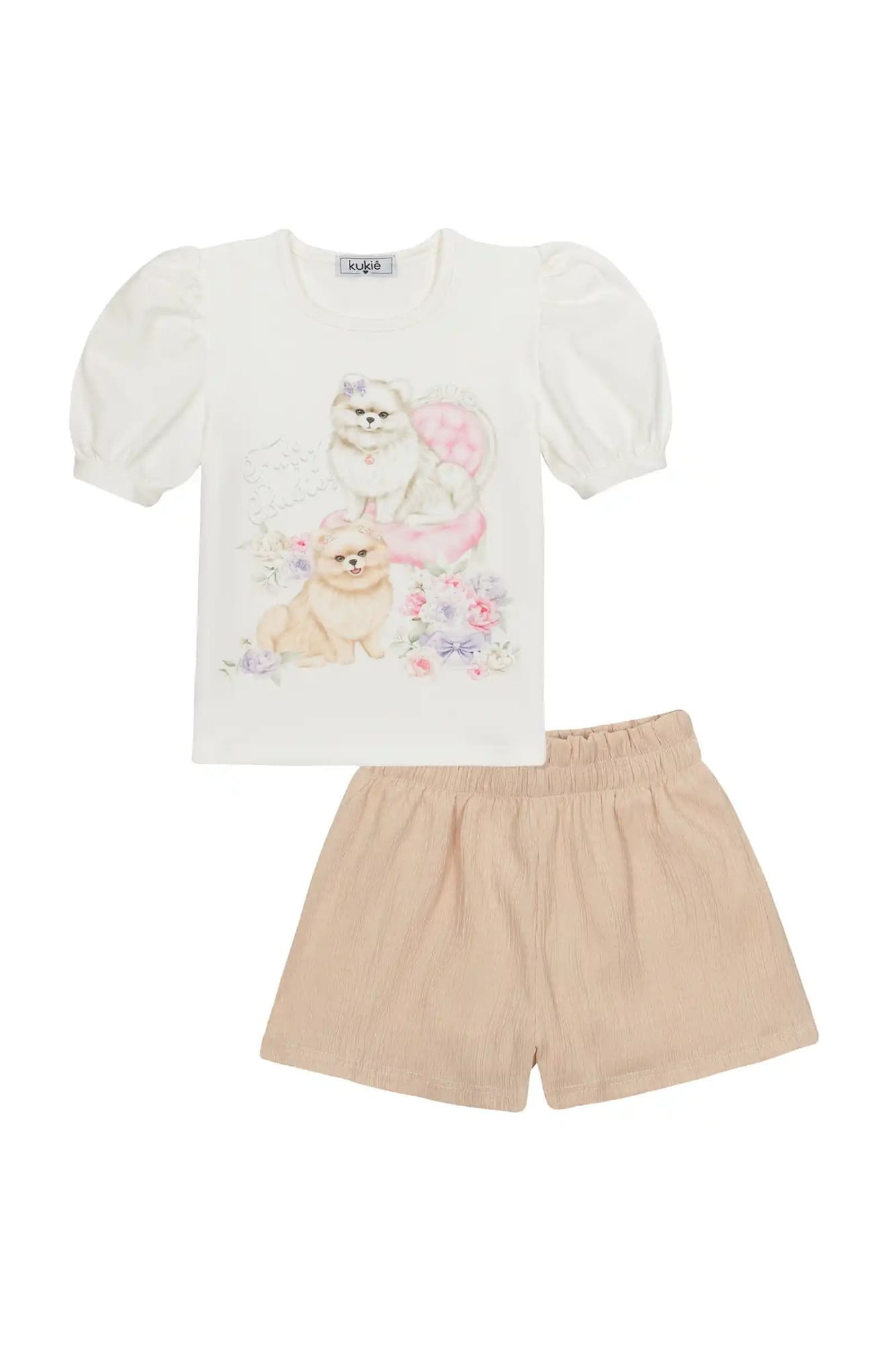 Conjunto Infantil Kukiê com Short Bege e Blusa Manga Curta Cachorrinhos