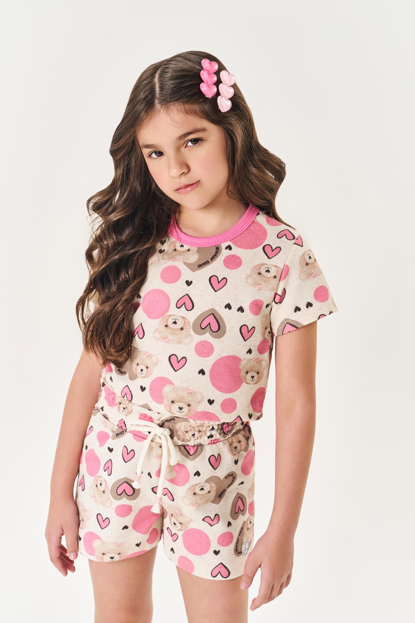 Conjunto Infantil Cinti Inverno Shorts e Cropped Corações Ursinhos