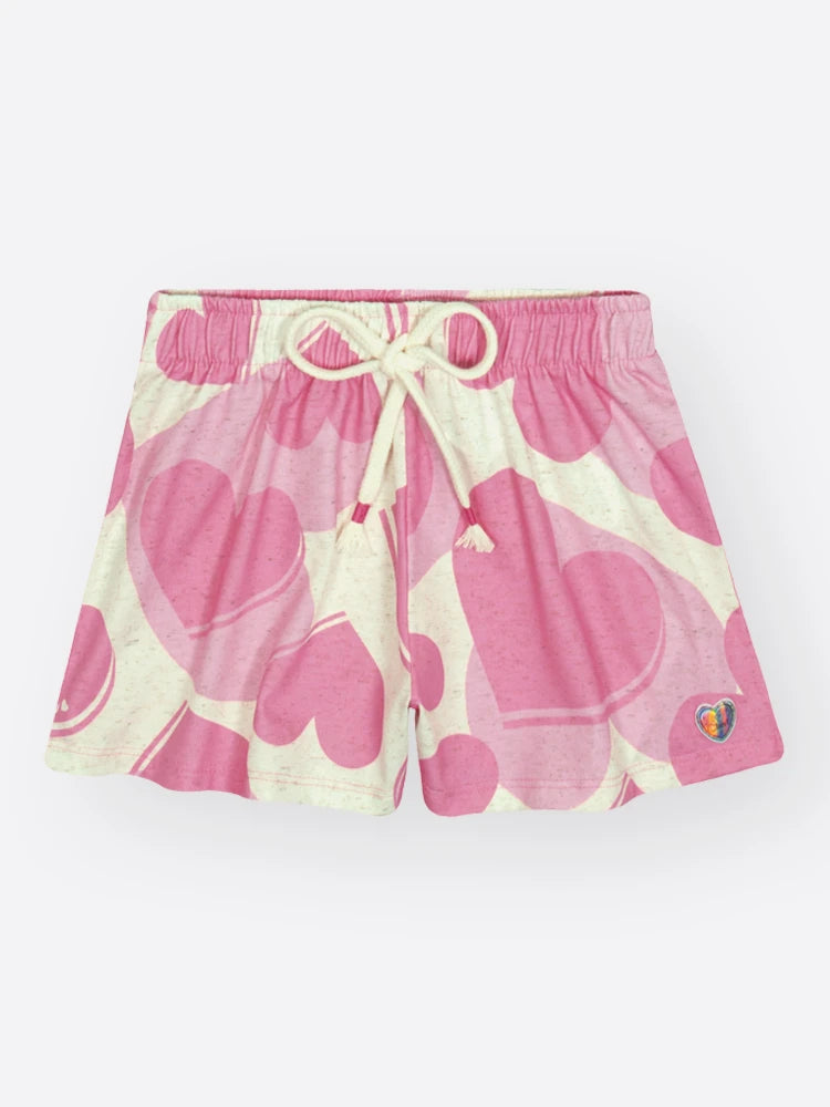 Conjunto Infantil Cinti Inverno com Shorts e Blusa Manga Curta Rosa Corações
